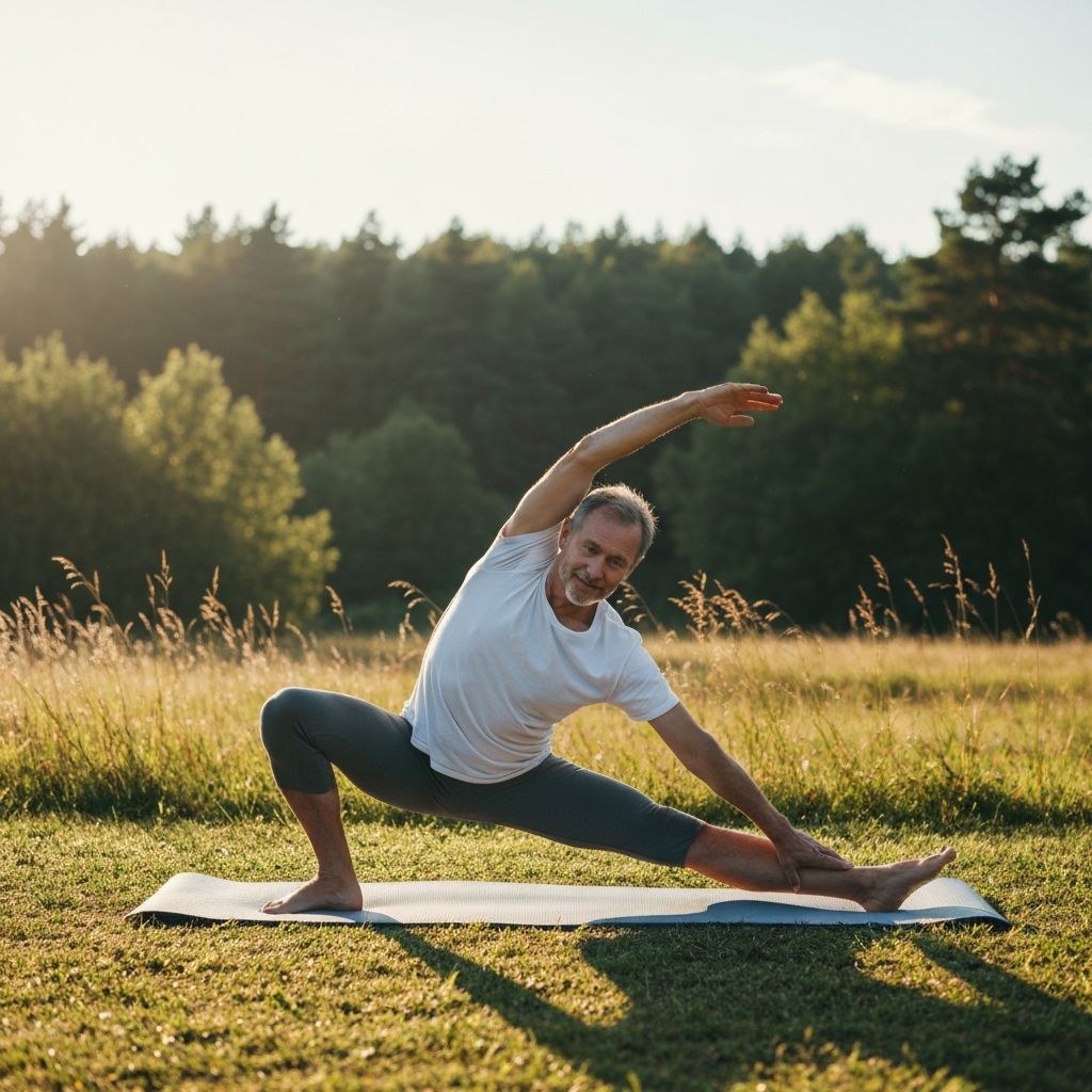 Serene wellness landscape with person practicing gentle yoga in natural morning light