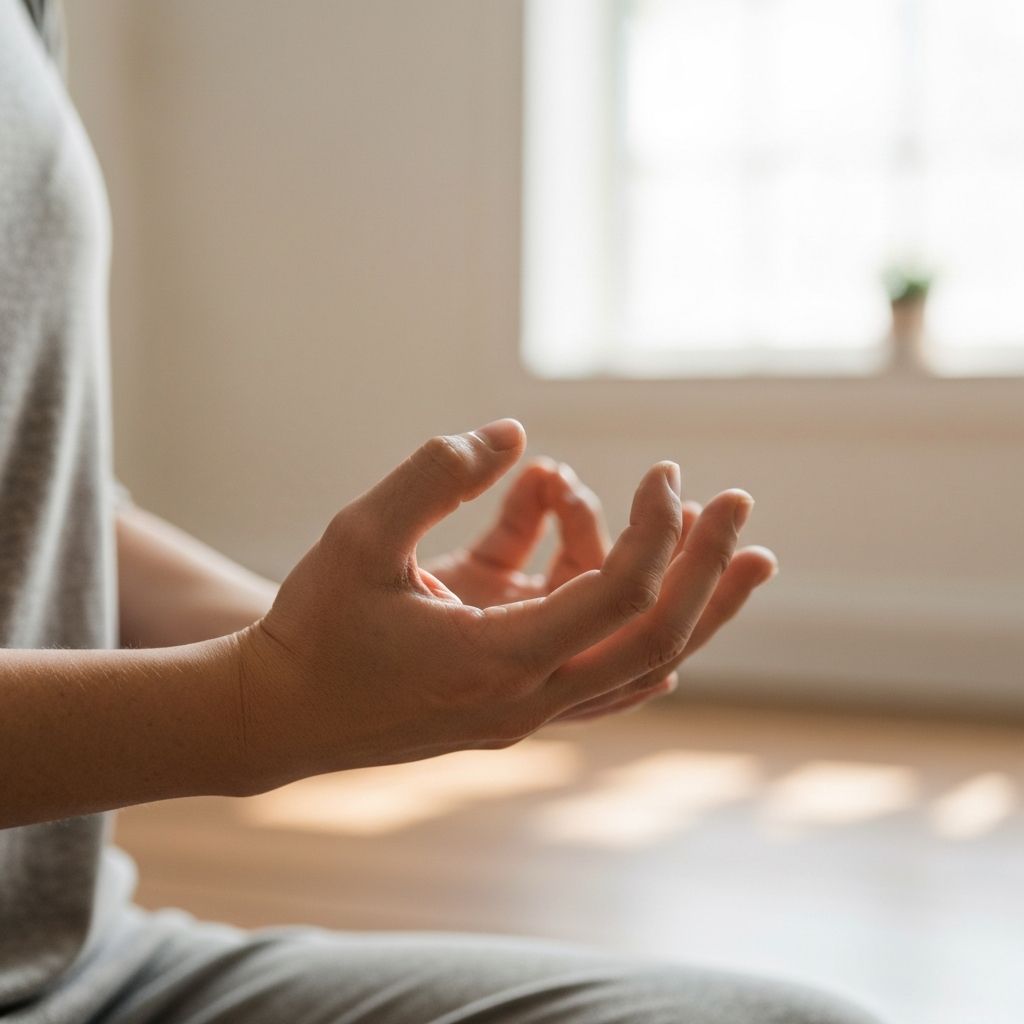 Peaceful meditation moment with hands in calm pose under soft natural light