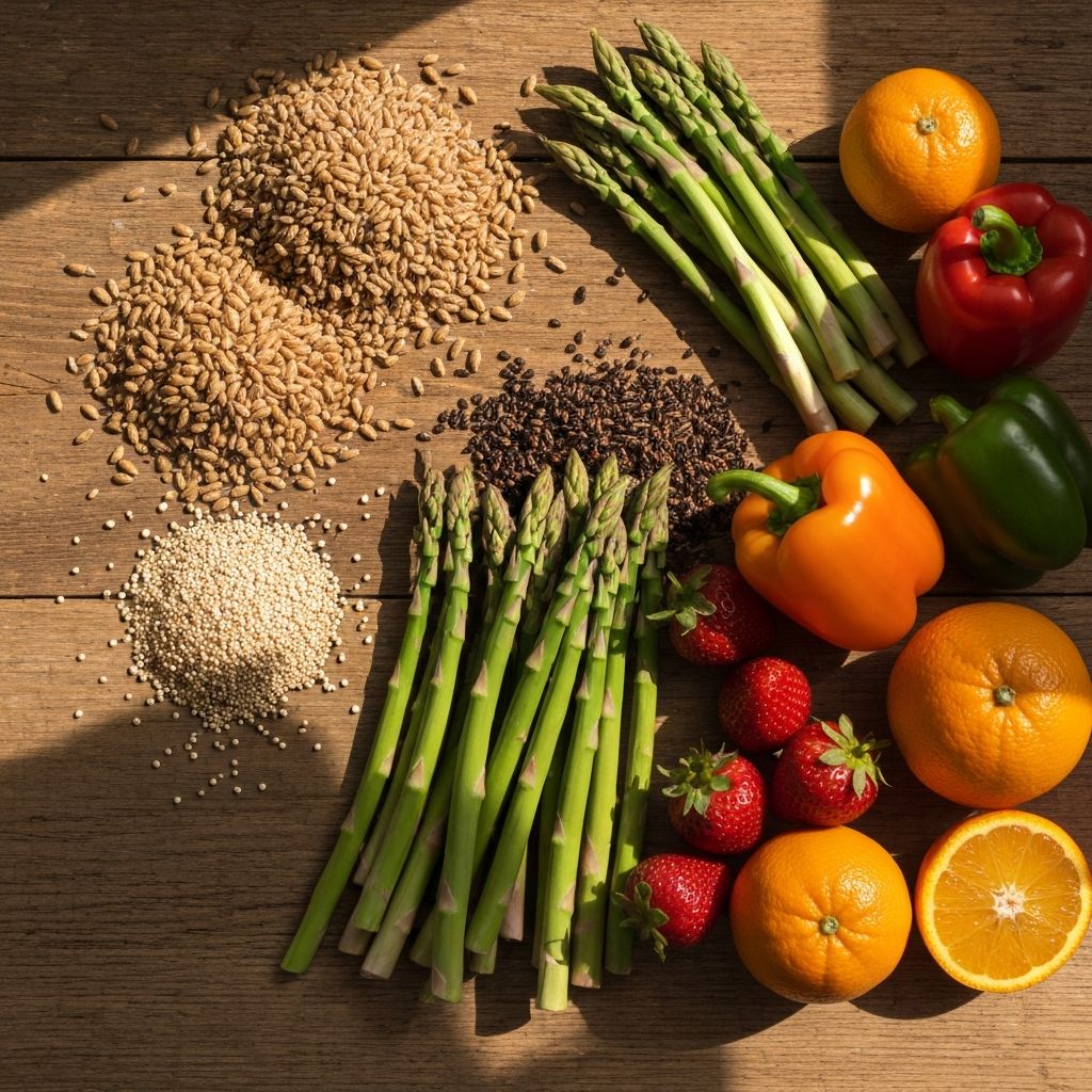 Overhead shot of fresh healthy foods with whole grains, vegetables and fruits arranged naturally