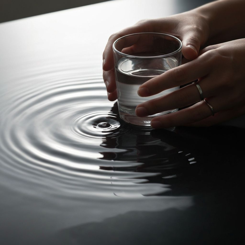 Close-up of hands holding water with calm water surface and ripples showing peaceful hydration concept