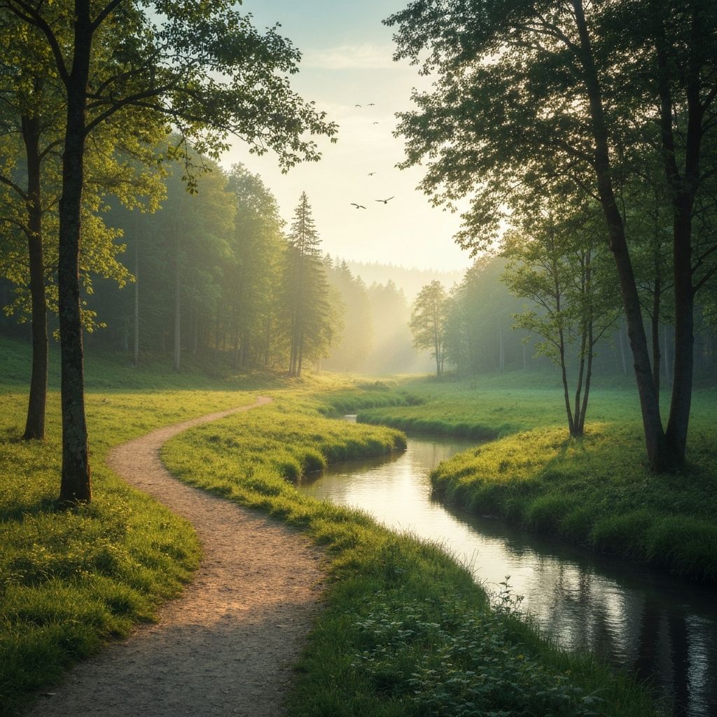 Scenic peaceful landscape representing wellness journey with natural path through nature and calm atmosphere